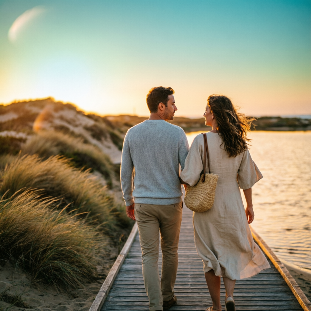 A low-key sunset walk for couples beside the calm Algarve lagoon.