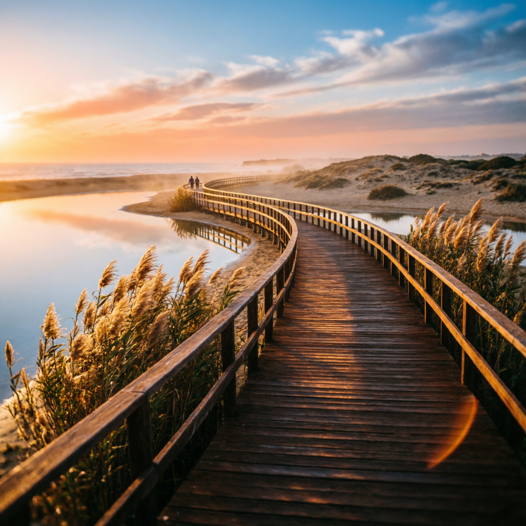 Golden hour over the Armação de Pêra boardwalk and quiet lagoon.