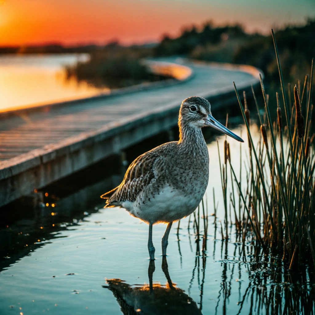Birdlife and still water make this walk especially rewarding at sunset.