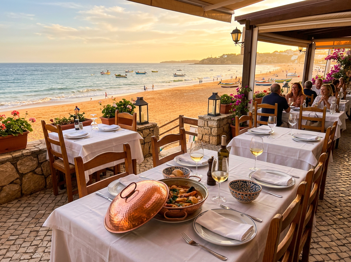 Golden evenings invite long cataplana lunches near Praia dos Pescadores