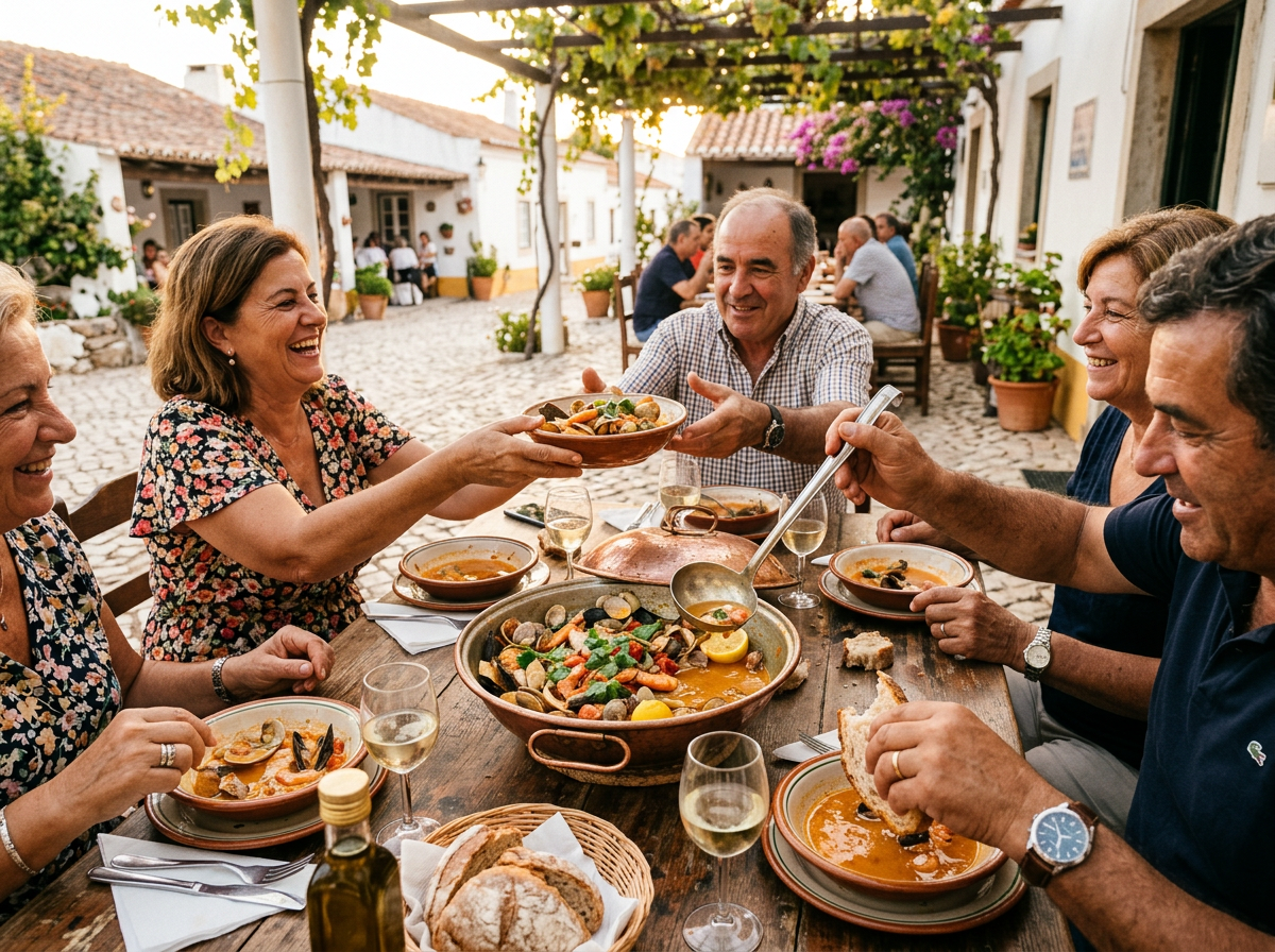 Locals share steaming broth, shellfish and bread around the table