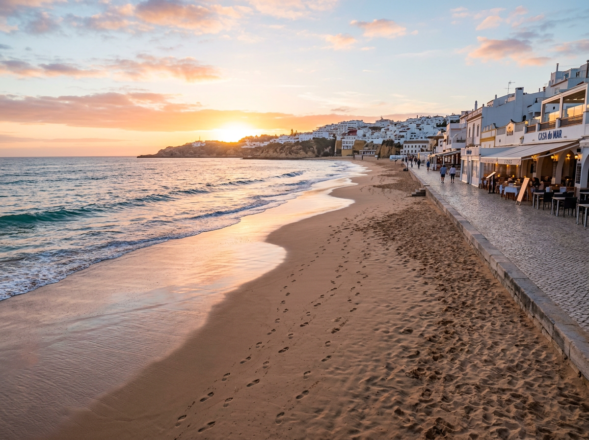 Soft dawn footprints lead toward coffee, calm water and village life.