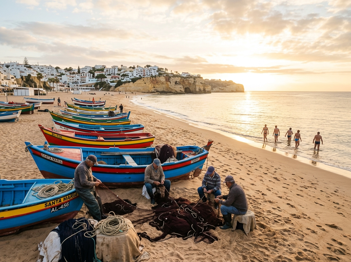 Fishermen, swimmers and sunrise light begin the day beside the sea.