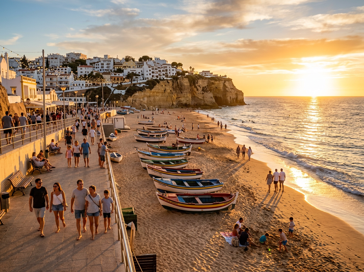 Evening strolls turn the working beach warm, social and romantic.