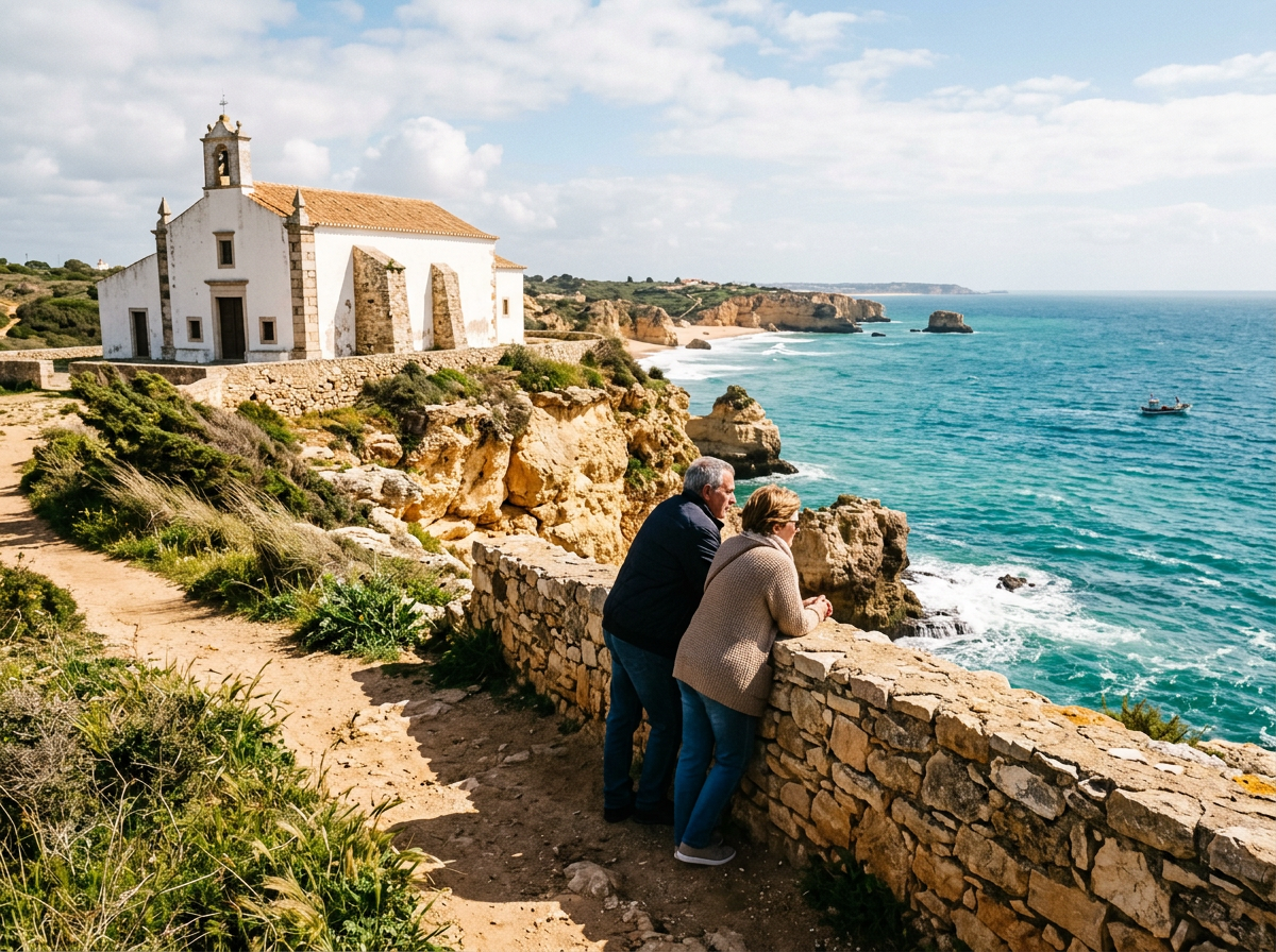 On the headland, sea wind carries Senhora da Rocha’s old soul.