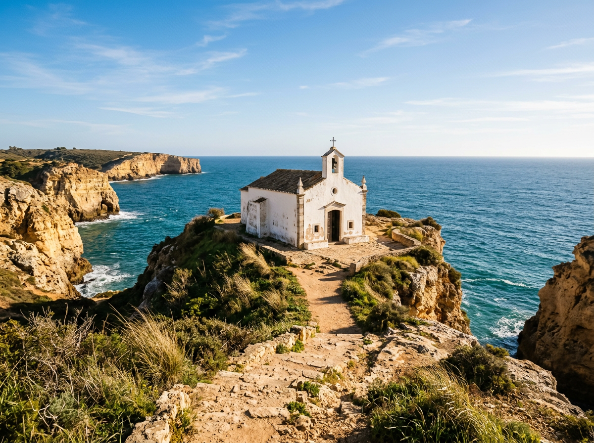 The white chapel watches over cliffs, waves and coastal memory.
