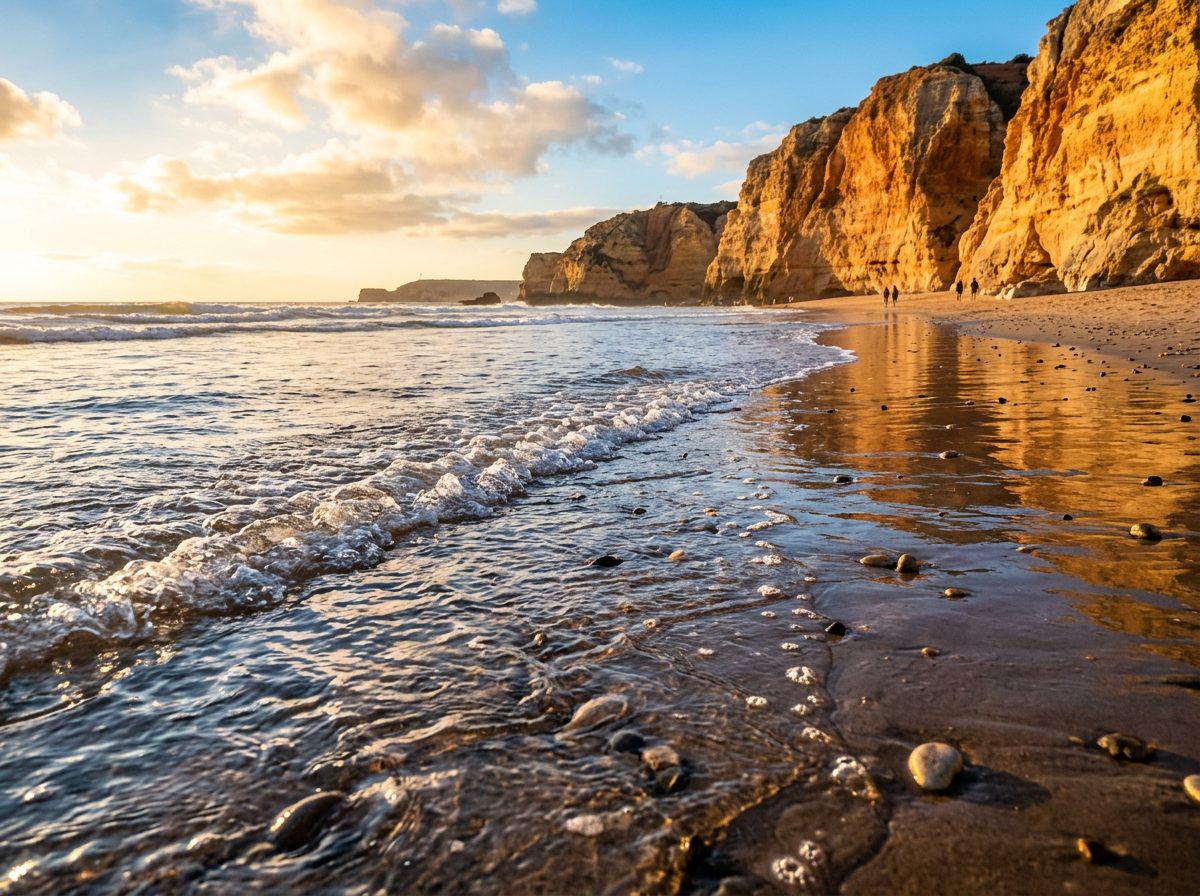 Transparent waves mirror cliffs and sky in perfect Algarve light.