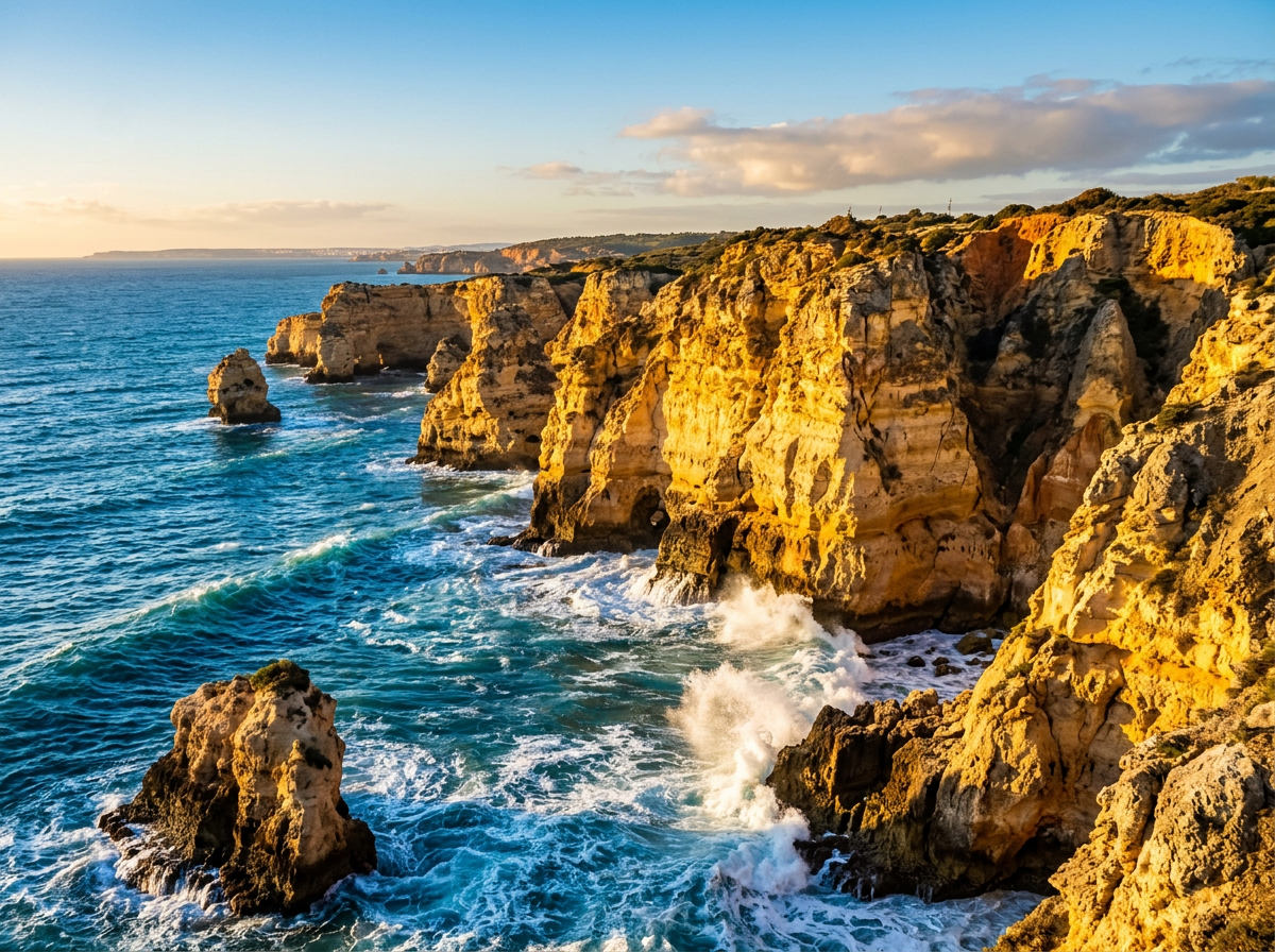 Honey cliffs glow as Atlantic light turns every edge golden.
