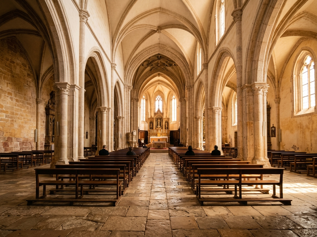Soft light and ancient stone create a peaceful cathedral interior