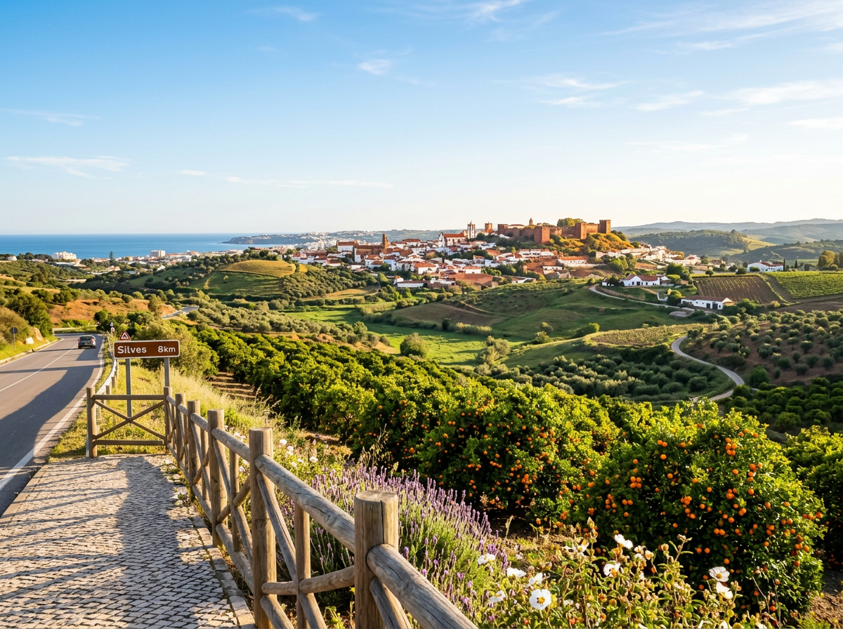The short inland journey reveals orchards, hills, and Silves ahead