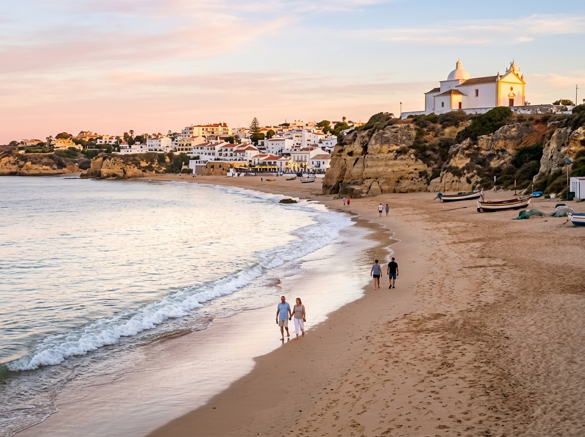 Morning light softens the beach, sea, and chapel into quiet harmony.