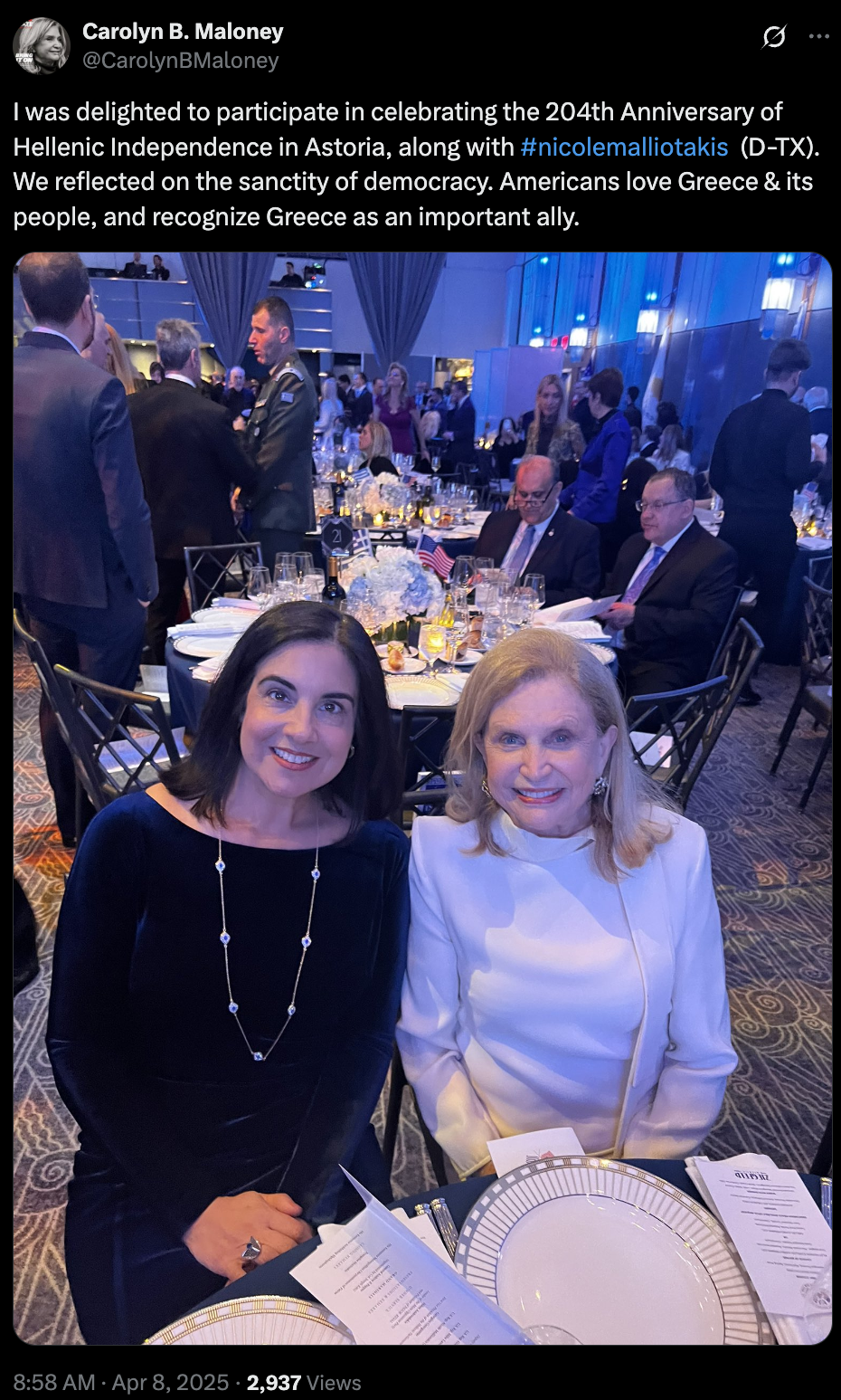 Image of Carolyn Maloney's tweet showing her with Nicole Malliotakis