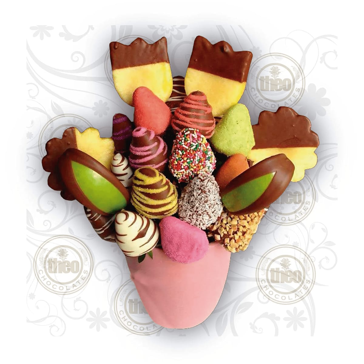 Arreglo de frutas con chocolate (fresas, piña, manzana)