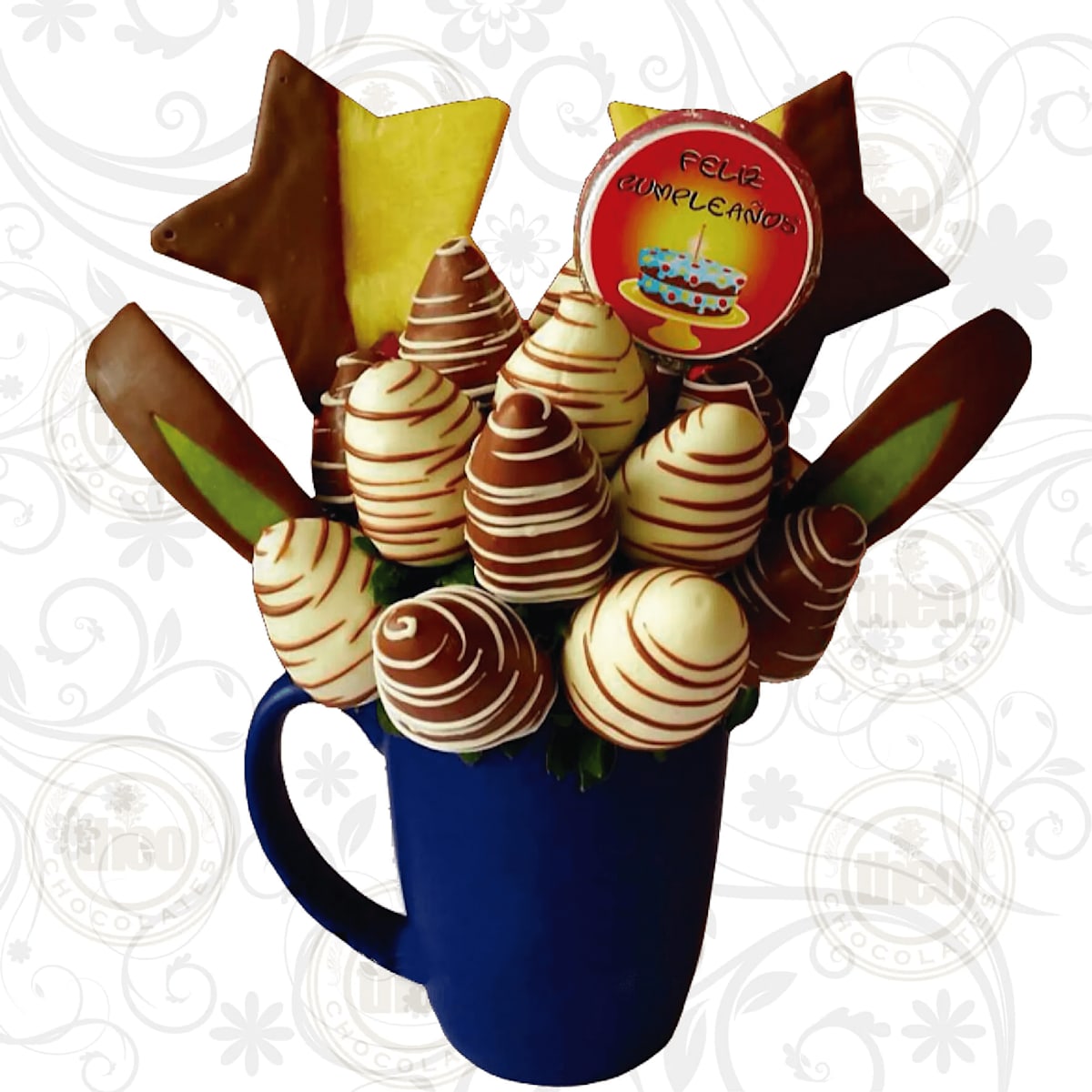 Arreglo frutal taza cerámica con estrellas de piña y paleta