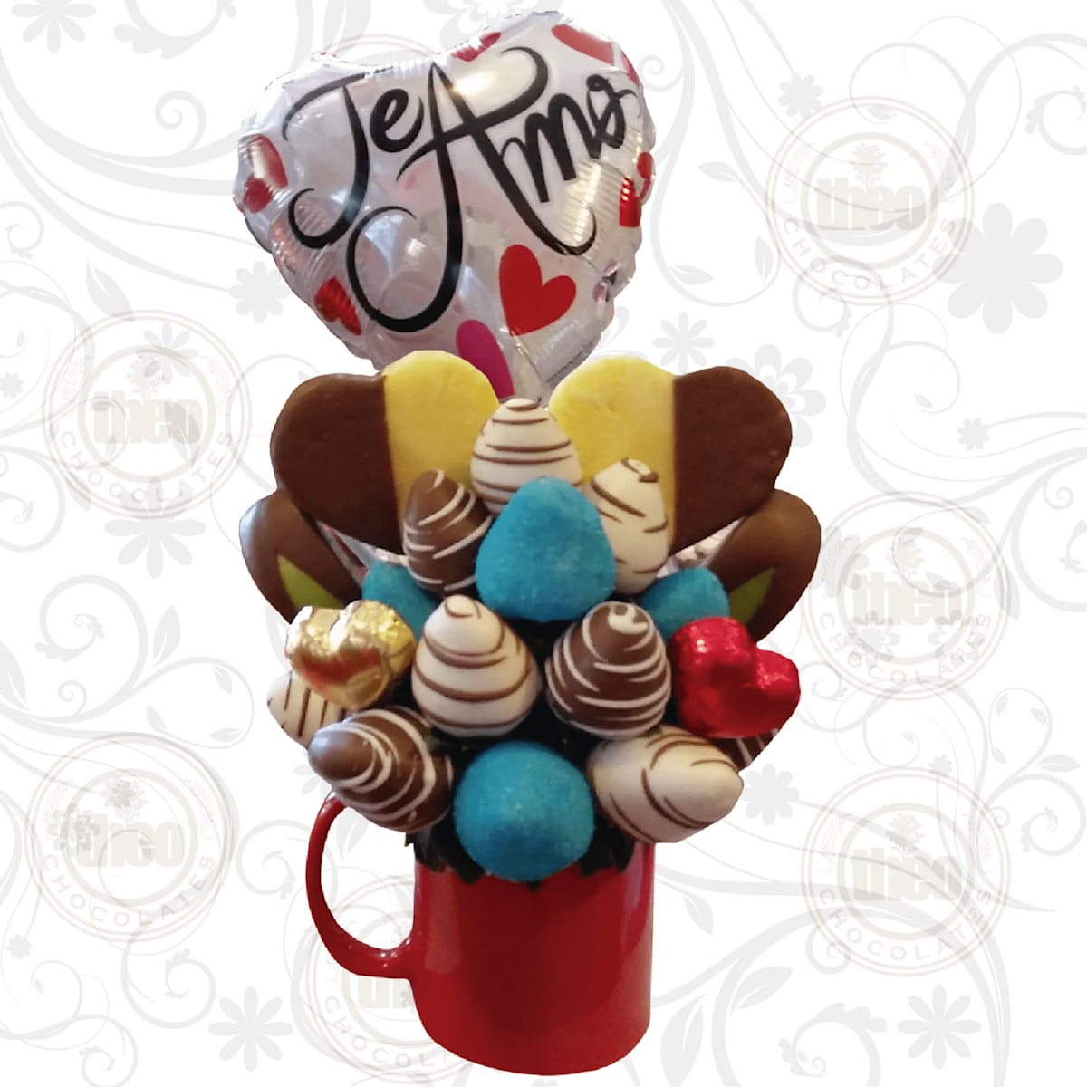 Arreglo frutal taza cerámica 15 fresas corazones de piña y globo mediano