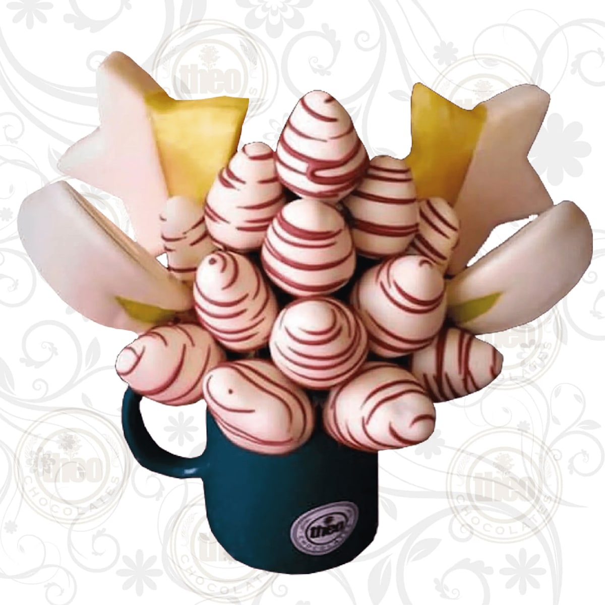 Arreglo frutal taza cerámica con chocolate blanco y estrellas de piña
