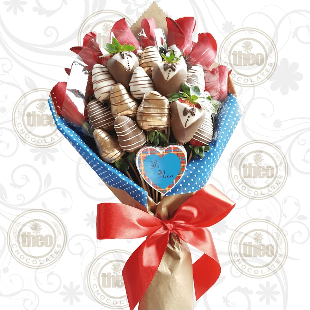 Ramo 15 fresas con chocolate y 8 rosas naturales con decoración de matrimonio