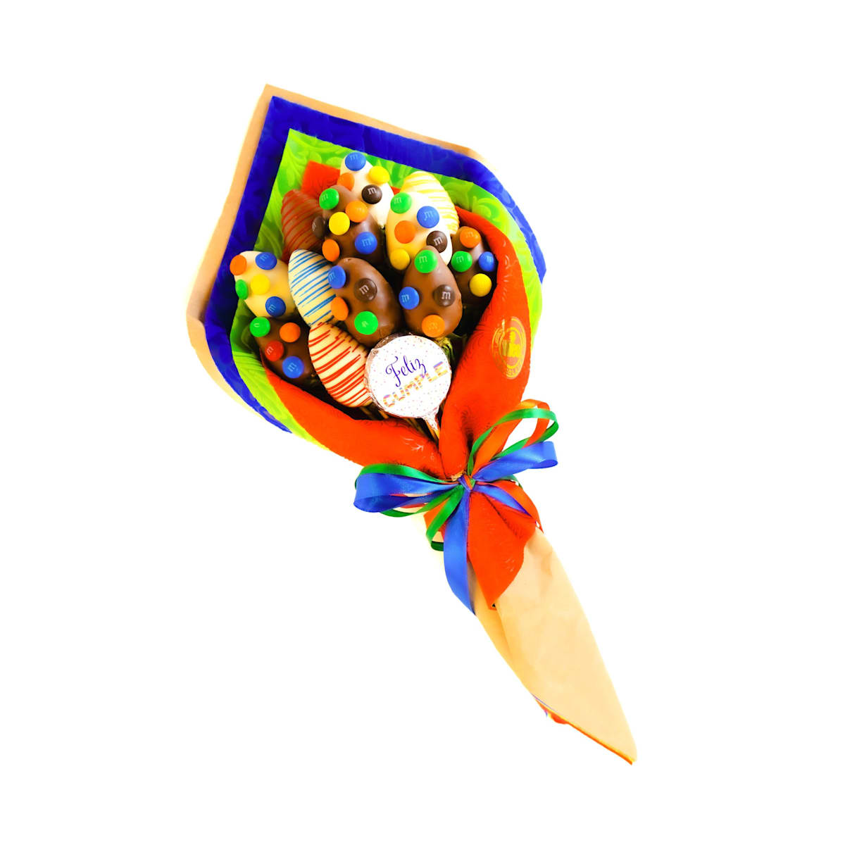 Ramo con 12 fresas cubiertas y decoradas con chocolate con M&M´s y 1 paleta de mensaje “Feliz Cumpleaños”