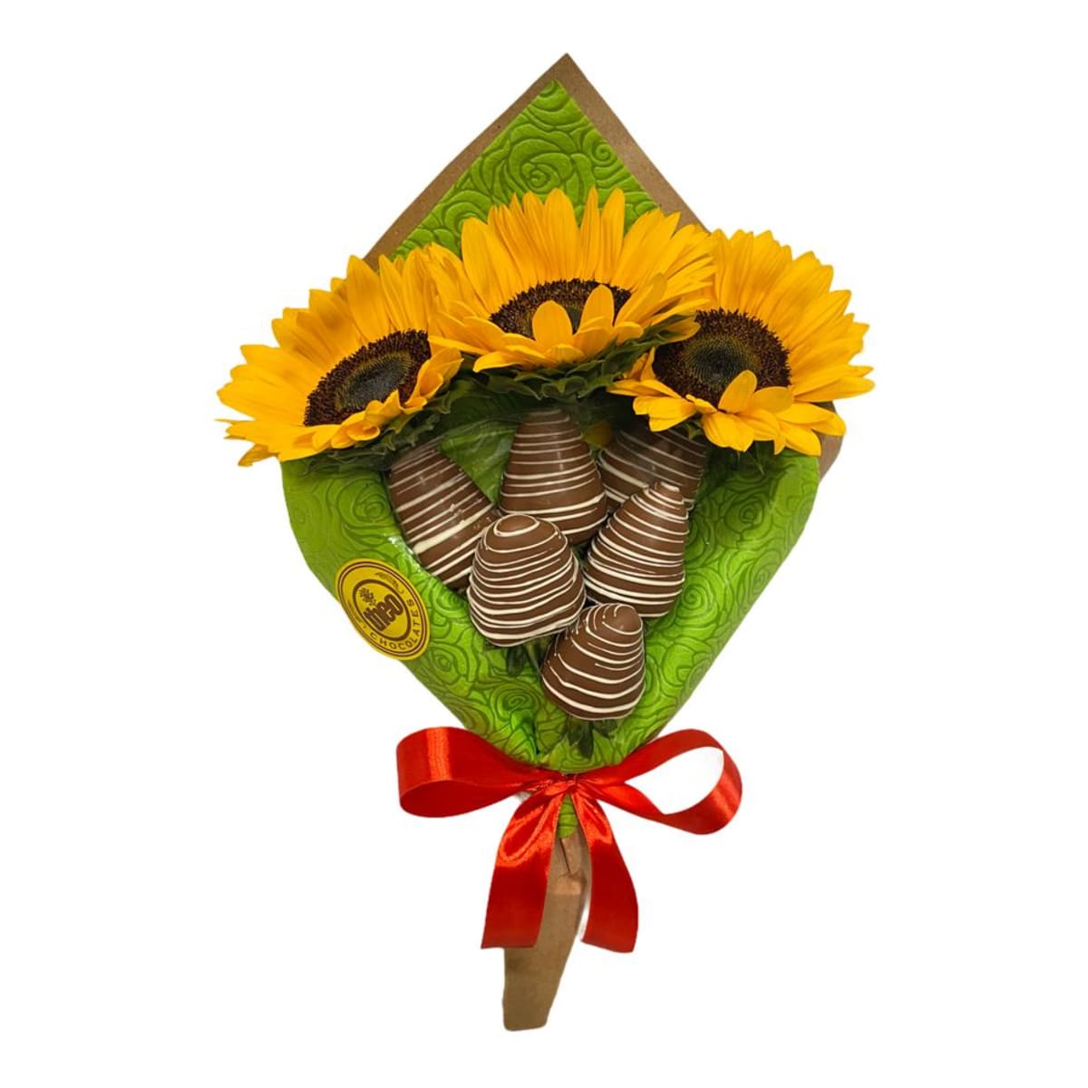 Ramo con 6 fresas con chocolate y 3 girasoles naturales