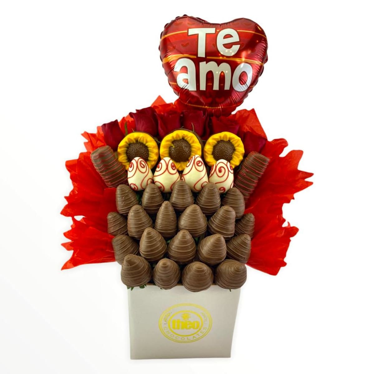 Arreglo de amor con fresas con chocolate, rosas  y girasoles con globo