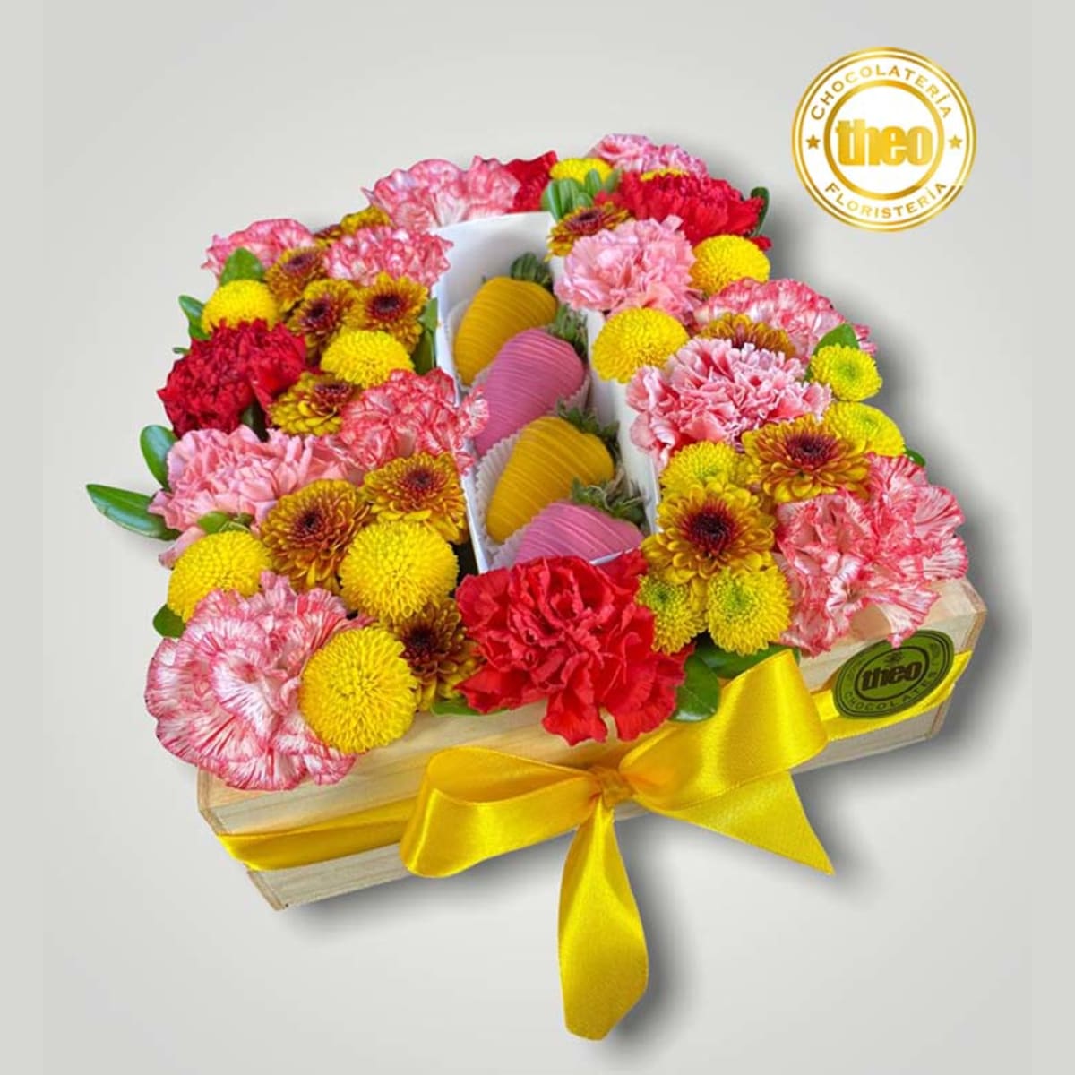 Arreglo floral con claveles y fresas con chocolate