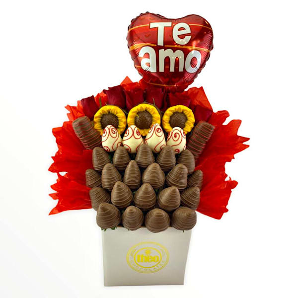 Arreglo de amor con fresas con chocolate, rosas  y girasoles con globo