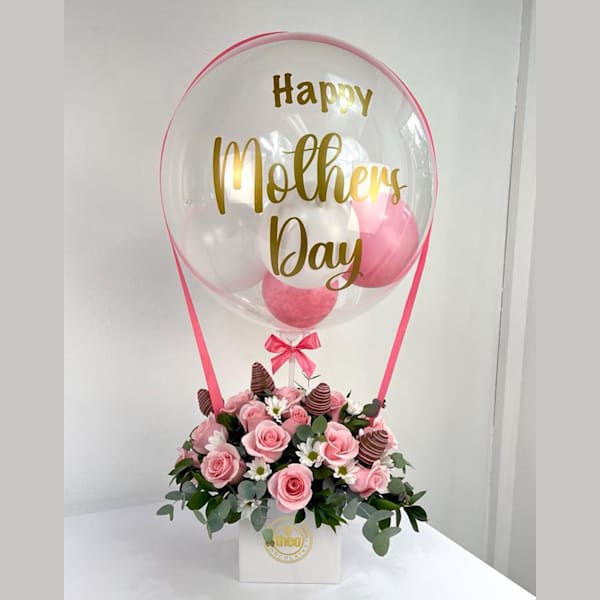 Arreglo rosas rosadas y globo "Happy Mothers Day"
