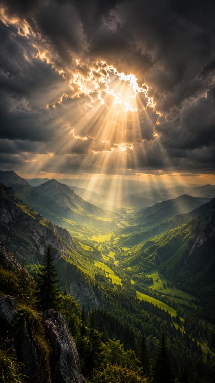 Sun rays over a green mountain valley wallpaper