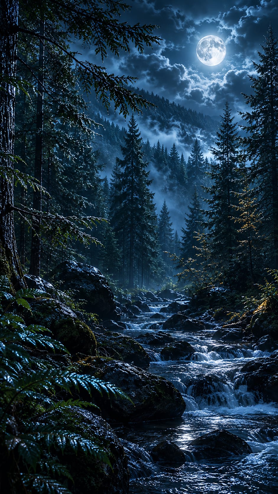 Moonlit Forest Waterfall Creek