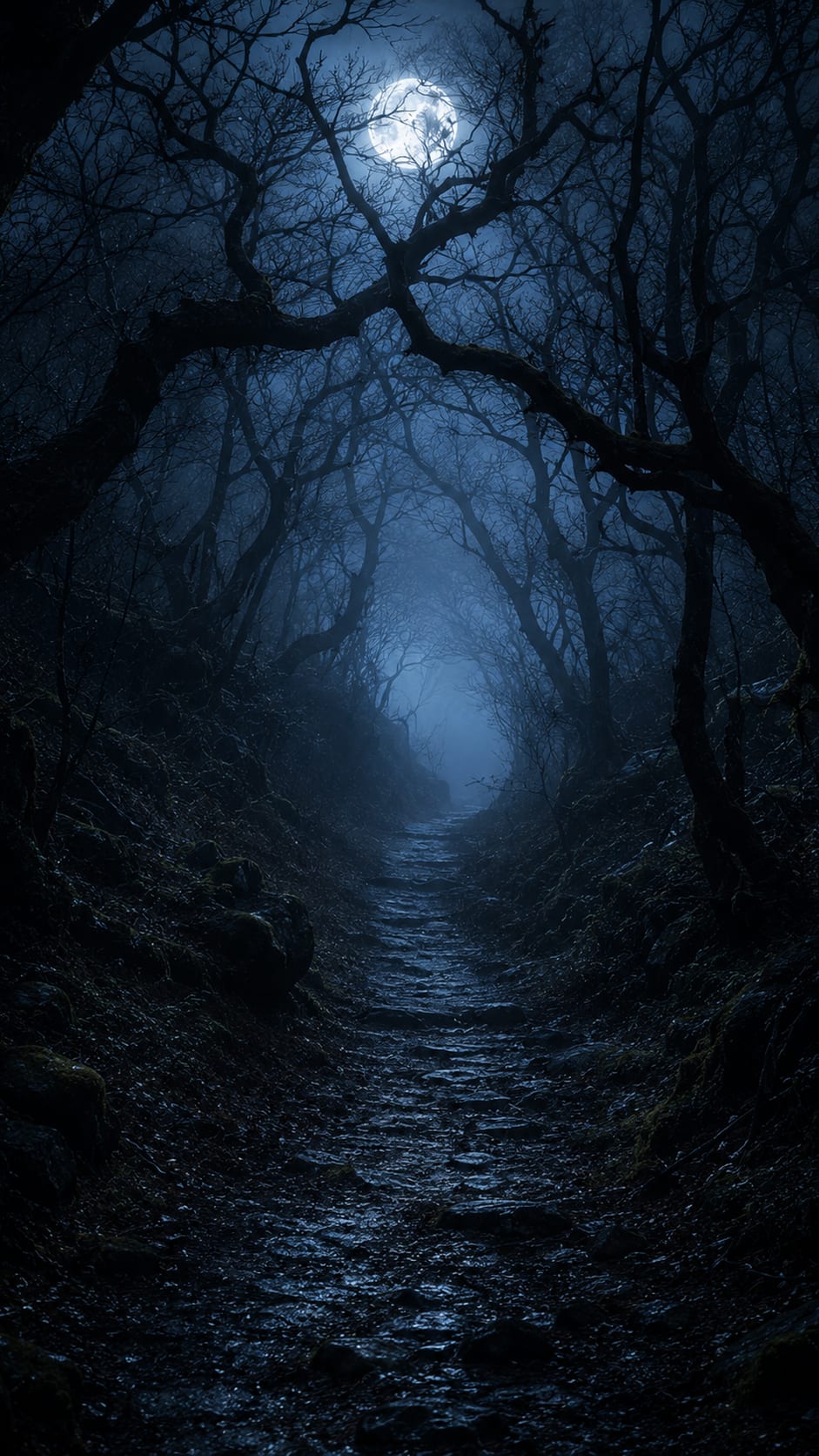 Dark Forest Path under the Moon