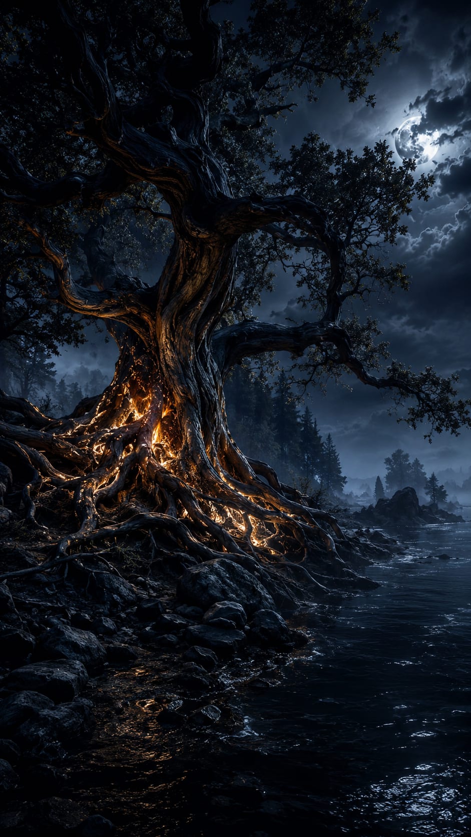 Gnarled Tree Beside Moonlit Water