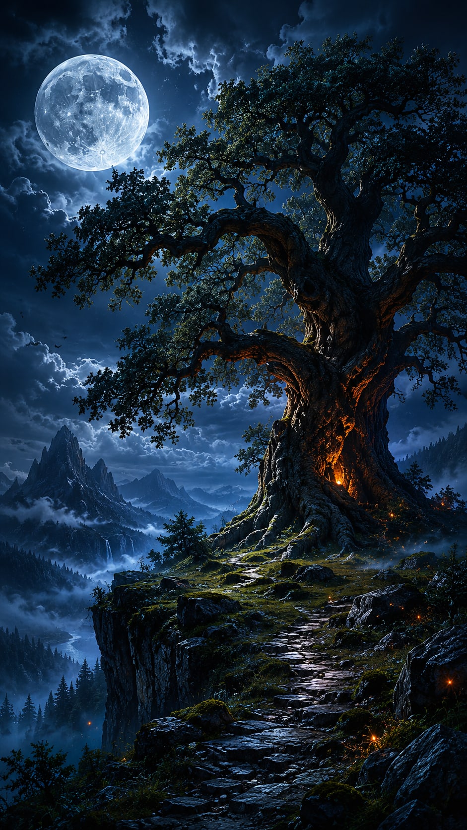 Ancient Tree on a Moonlit Cliff