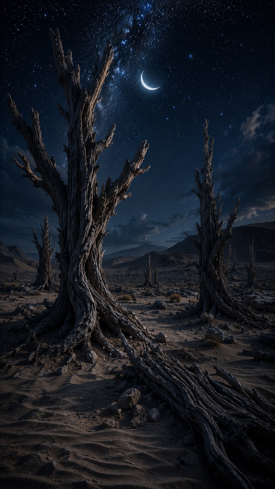 Dead Tree in a Desert under a Crescent Moon