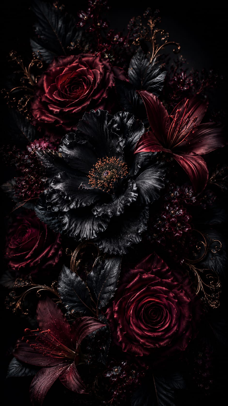 Dark Red Flowers on Black