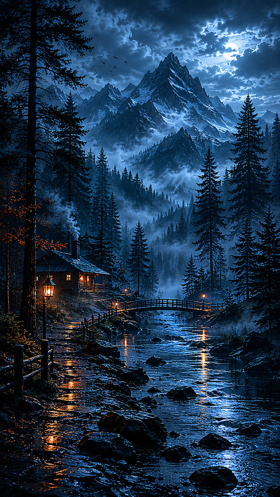 Cabin by a Moonlit Mountain Stream
