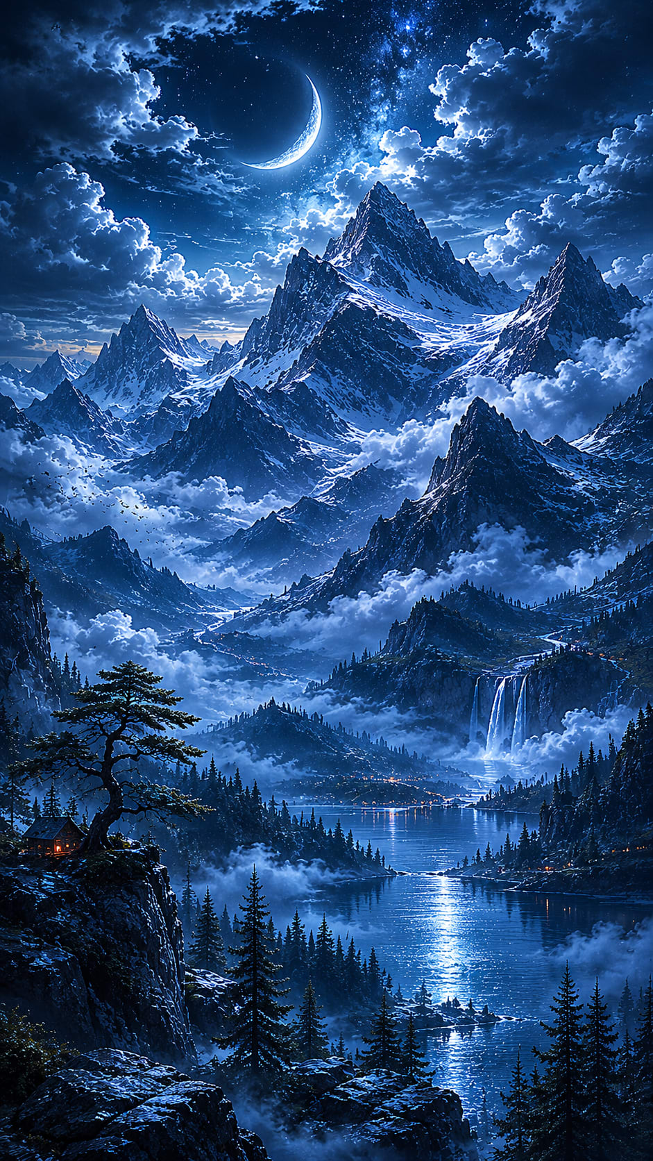 Snowy Mountains under a Crescent Moon