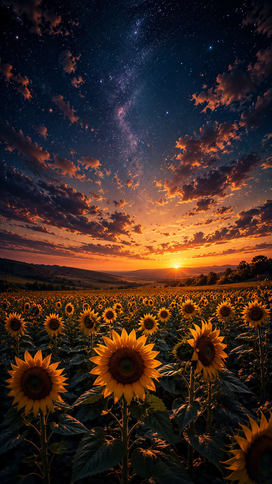 Sunflower Field at Sunset under Stars