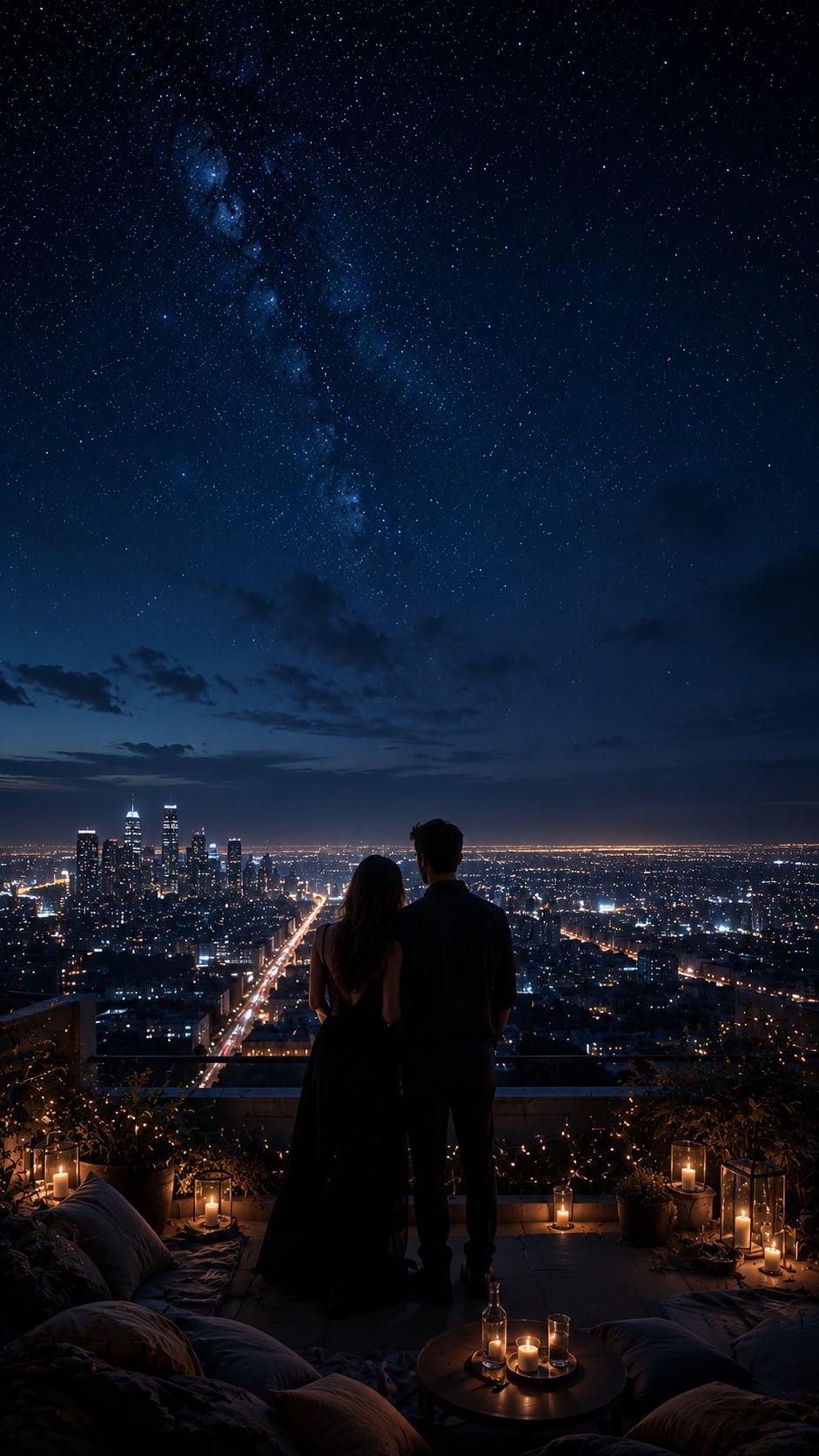 Couple Overlooking a City under the Milky Way
