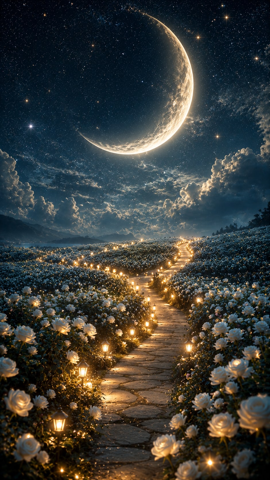 Crescent Moon Flower Path with Lights