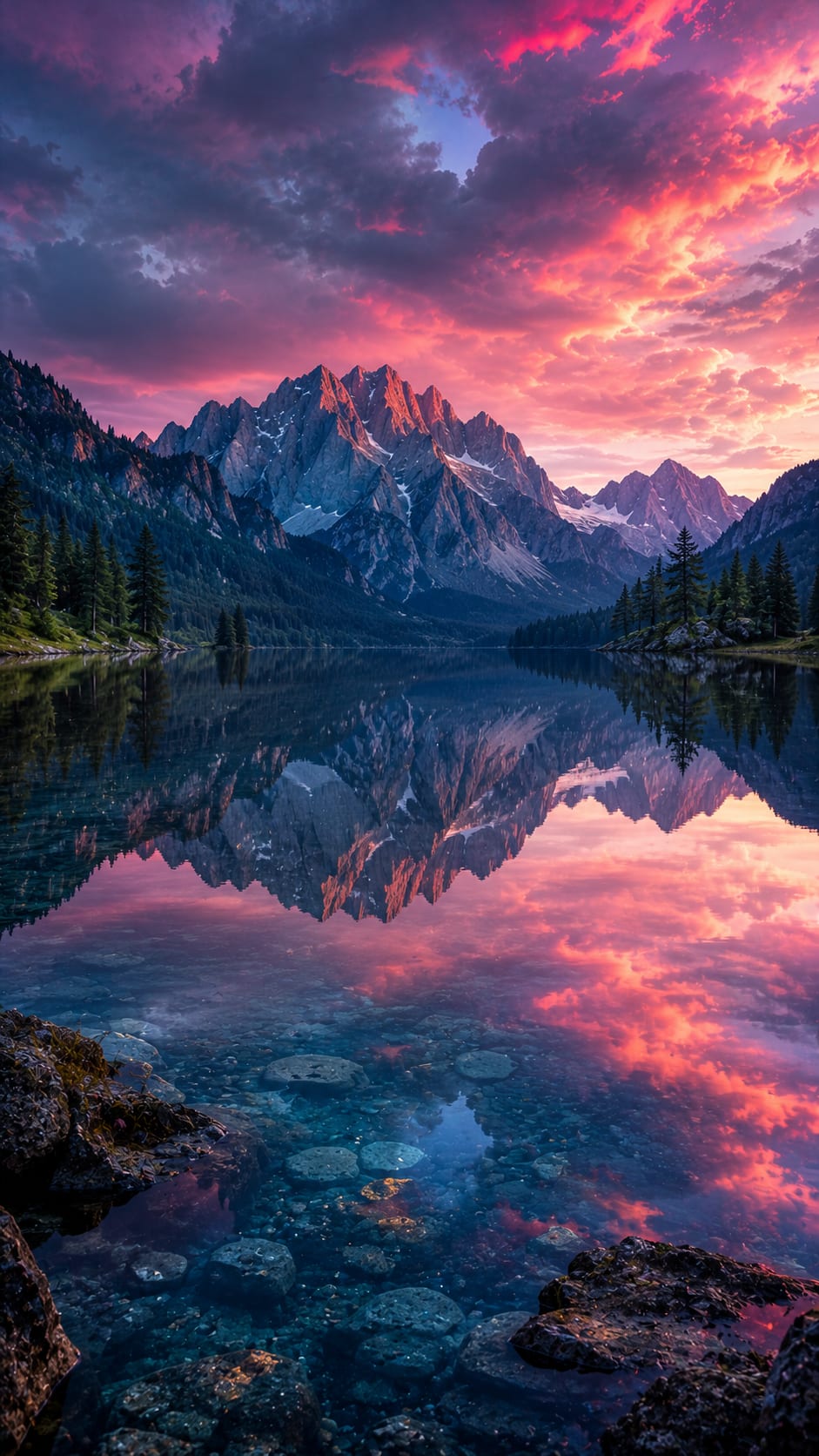 Pink Alpine Lake Reflection at Sunset