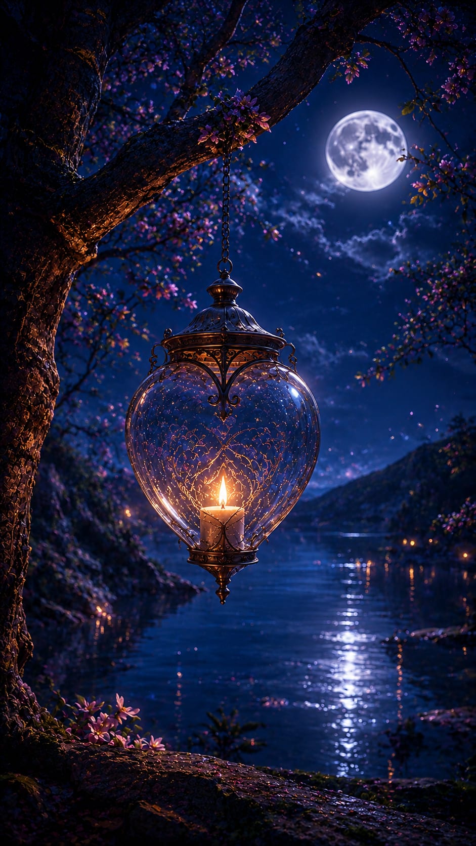 Heart Lantern Hanging Above a Moonlit Lake