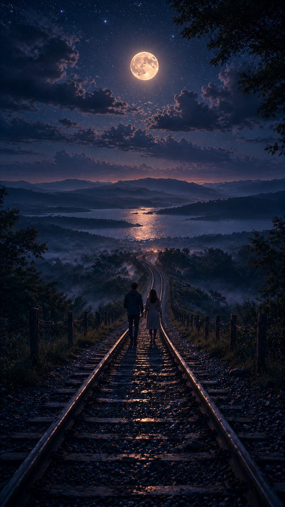 Couple Walking Railway Tracks under the Moon