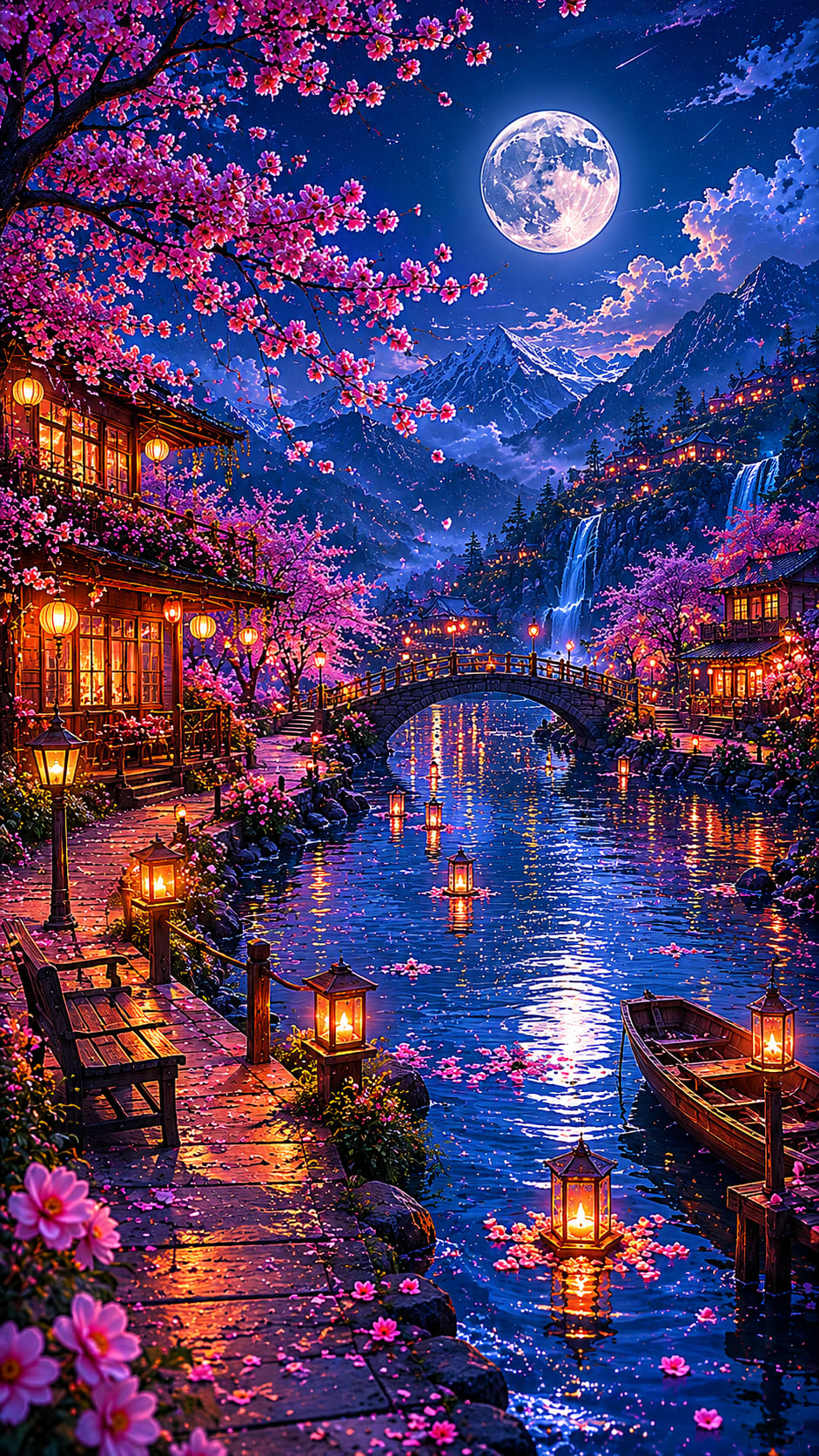 Lantern Canal Village with Cherry Blossoms