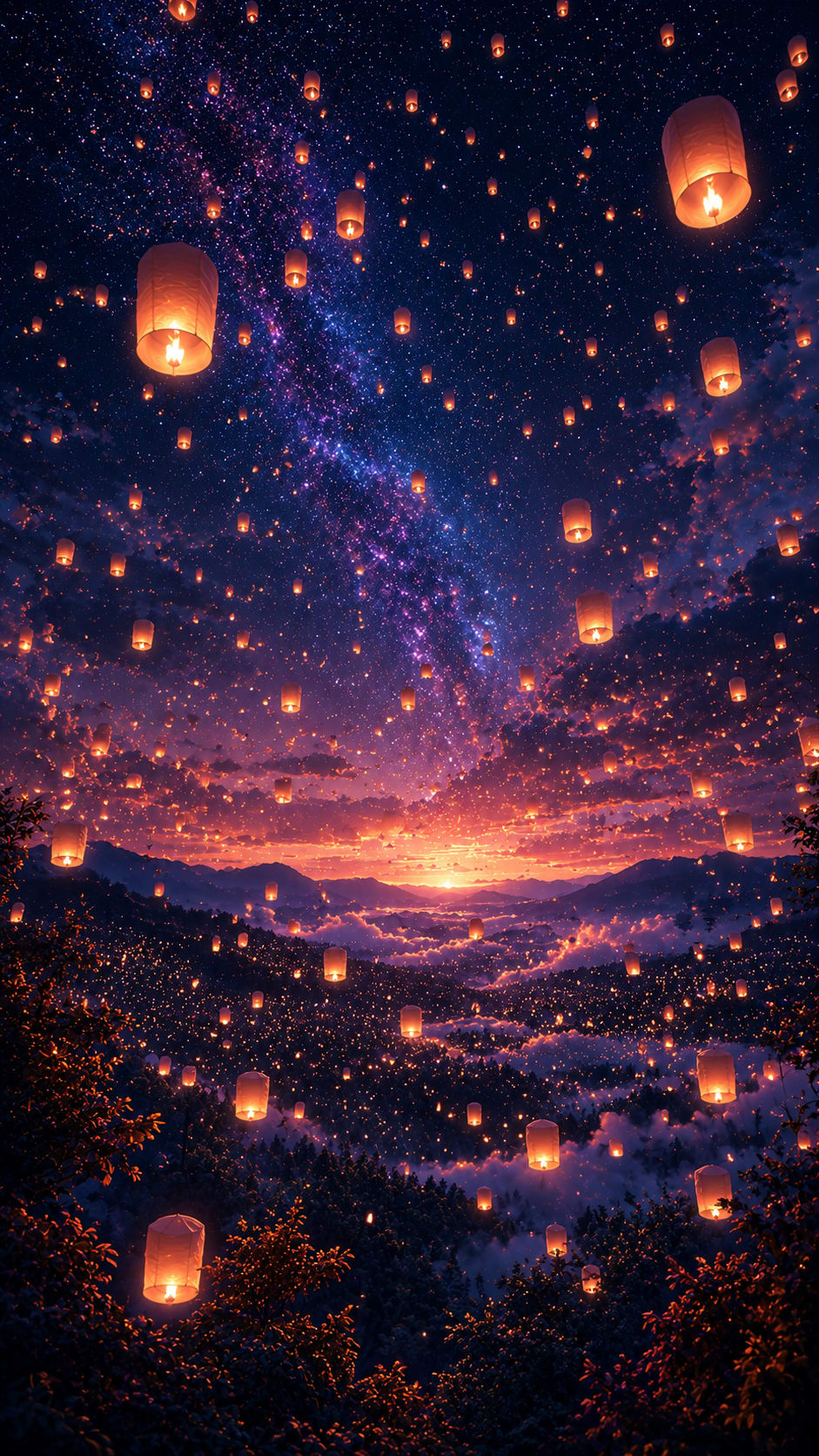Sky Lanterns over a Sunset Valley