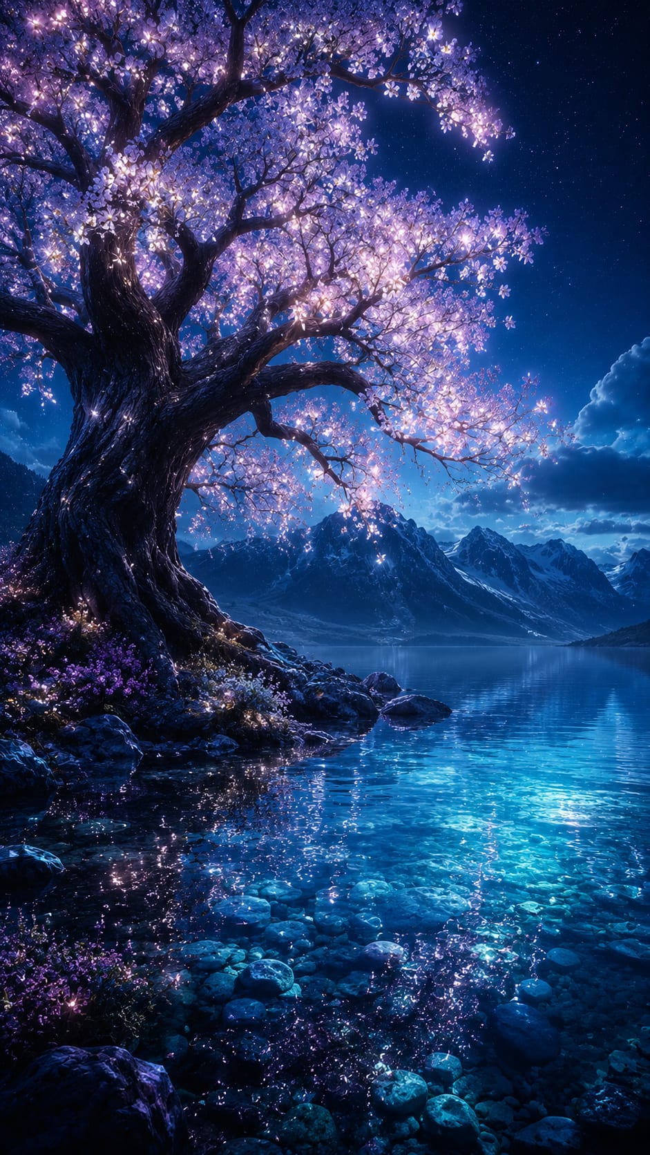 Glowing Cherry Tree by a Moonlit Lake