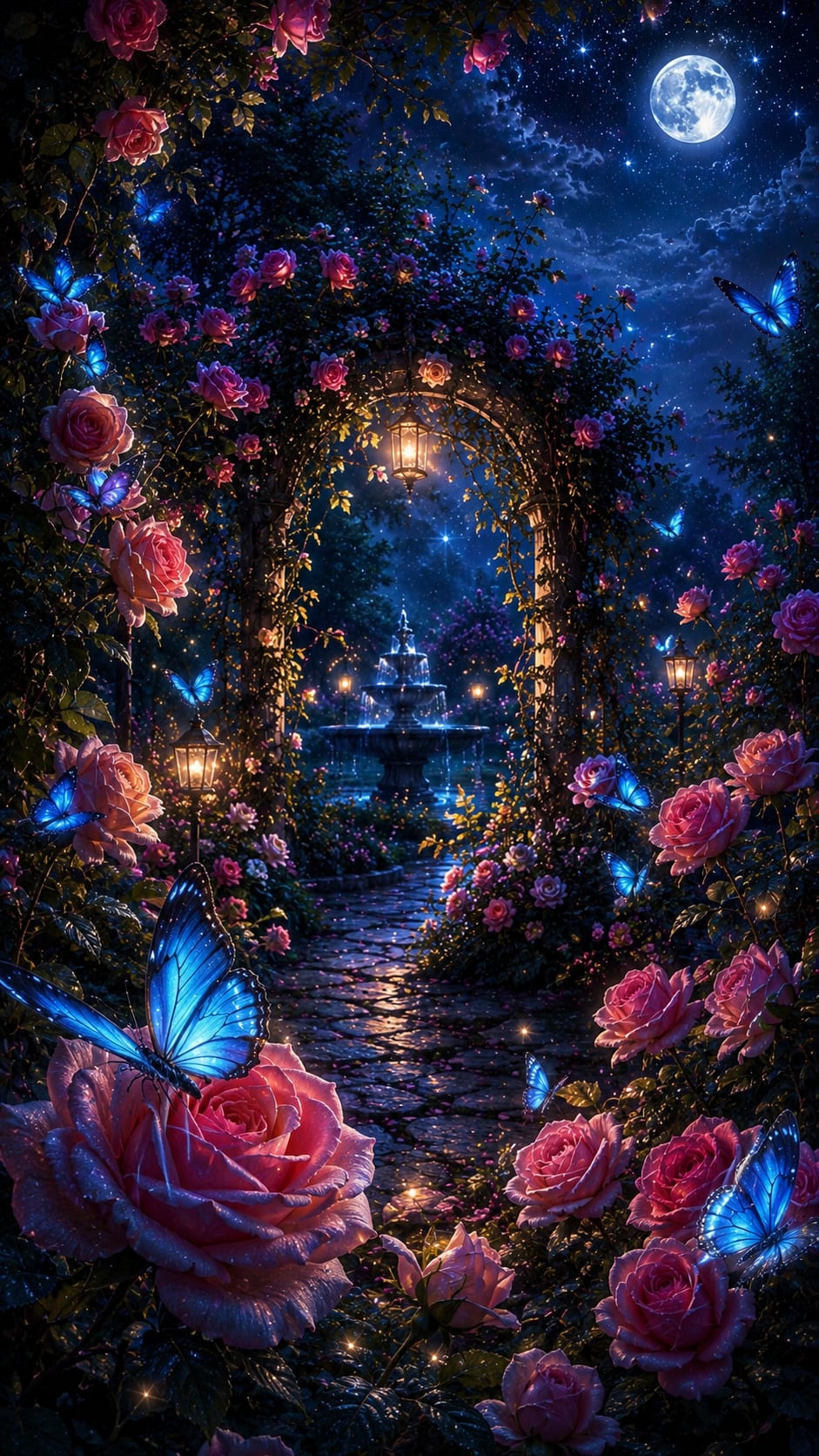 Rose Arch and Butterfly by a Moonlit Lake