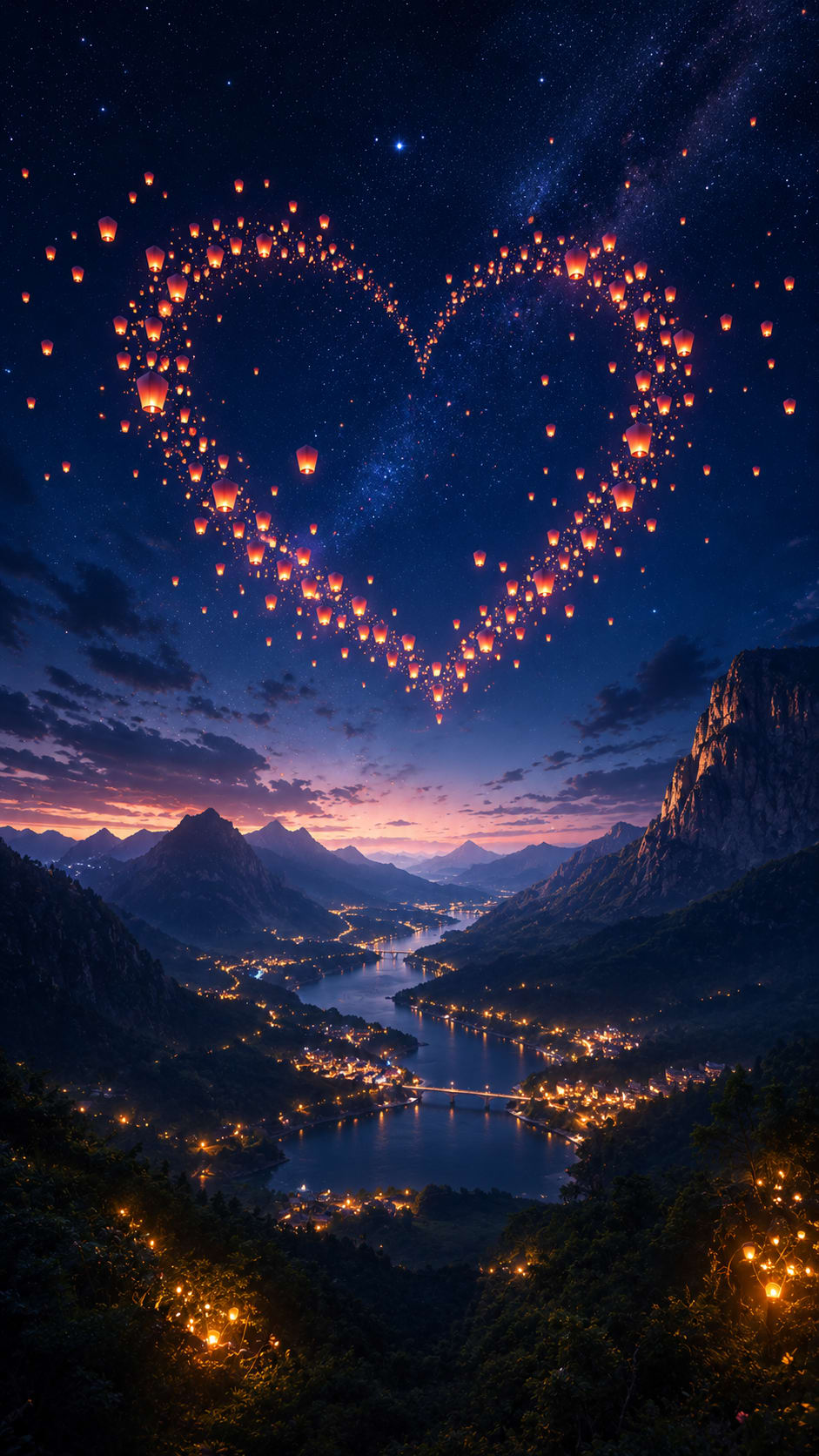 Heart Sky Lanterns Above a Valley