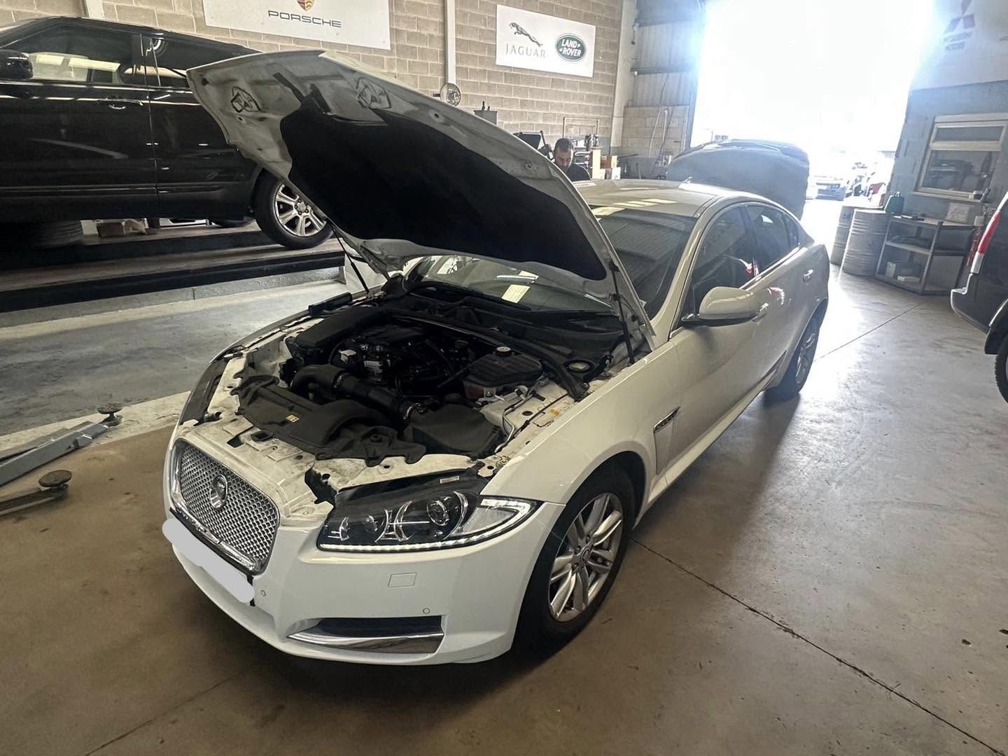 White Jaguar XF with its bonnet open for an interim service
