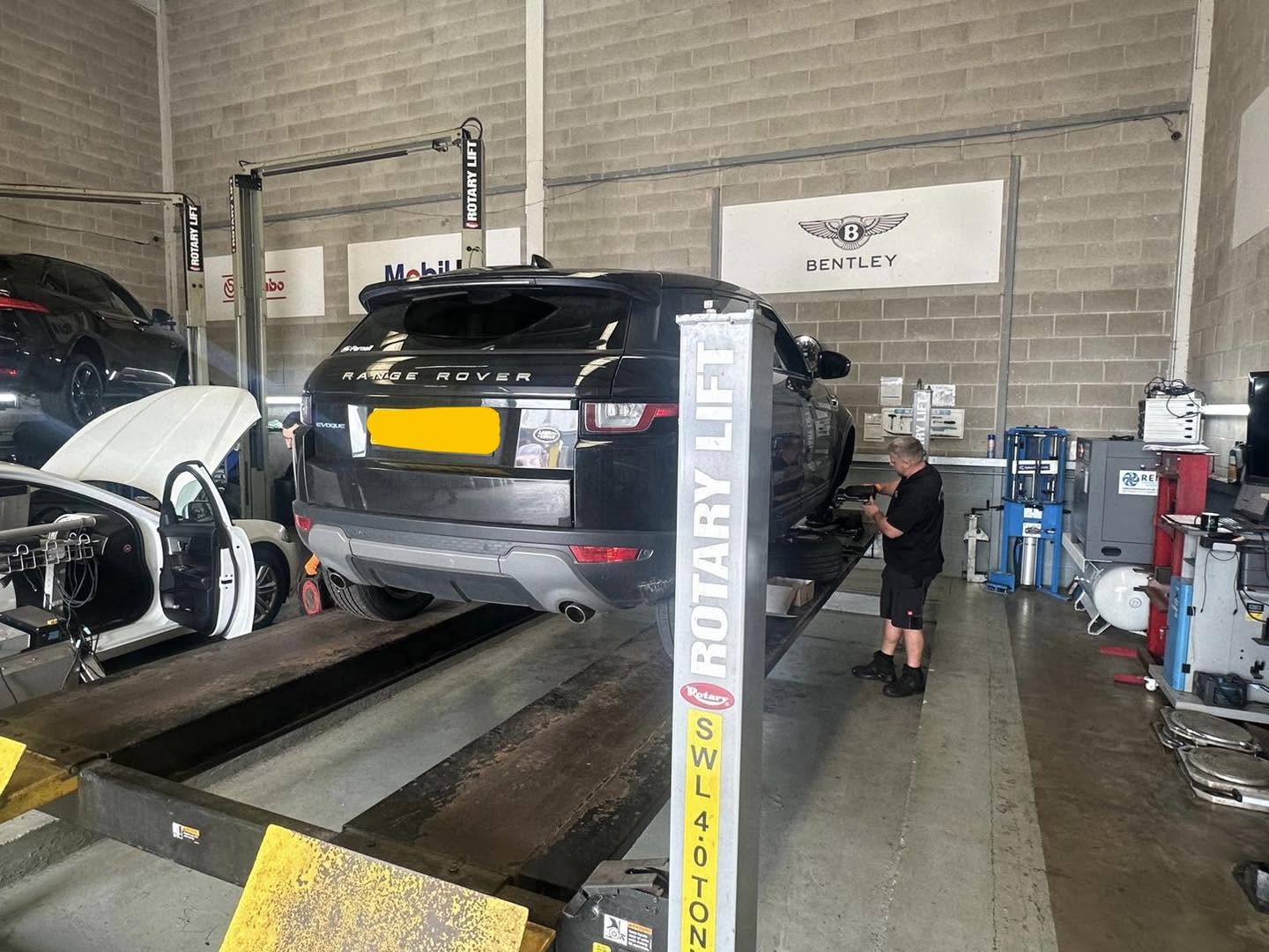Range Rover Evoque on the MOT lift at Mitsiland