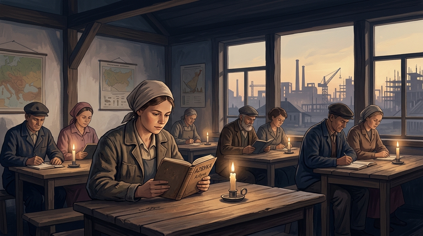 Ilustración editorial: trabajadores soviéticos aprendiendo a leer en una escuela rural a la luz de las velas, con una ciudad industrial constructivista al fondo
